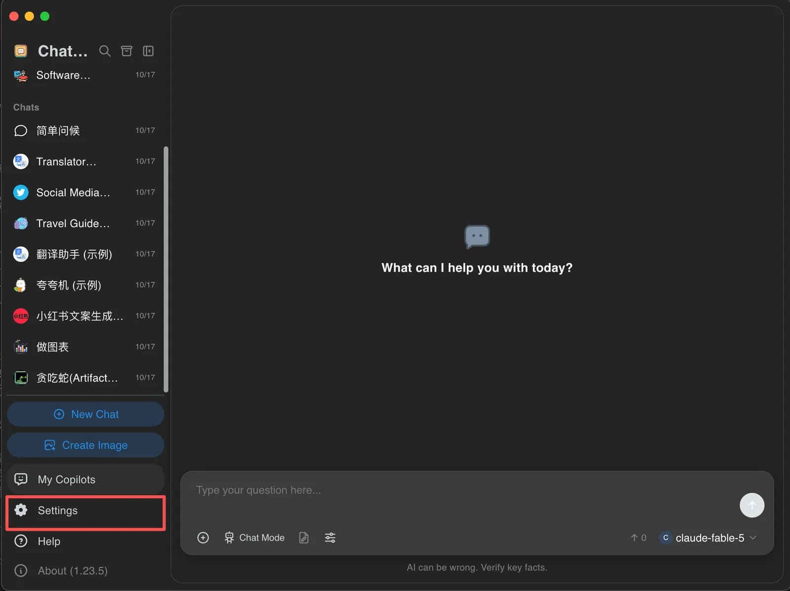 Chatbox main window with the Settings button in the bottom-left corner highlighted in red