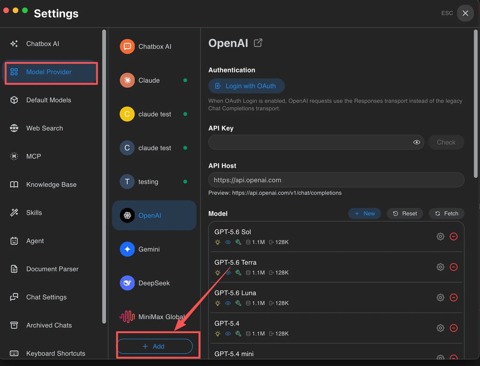 Chatbox Settings page with Model Provider selected and the + Add button highlighted with an arrow