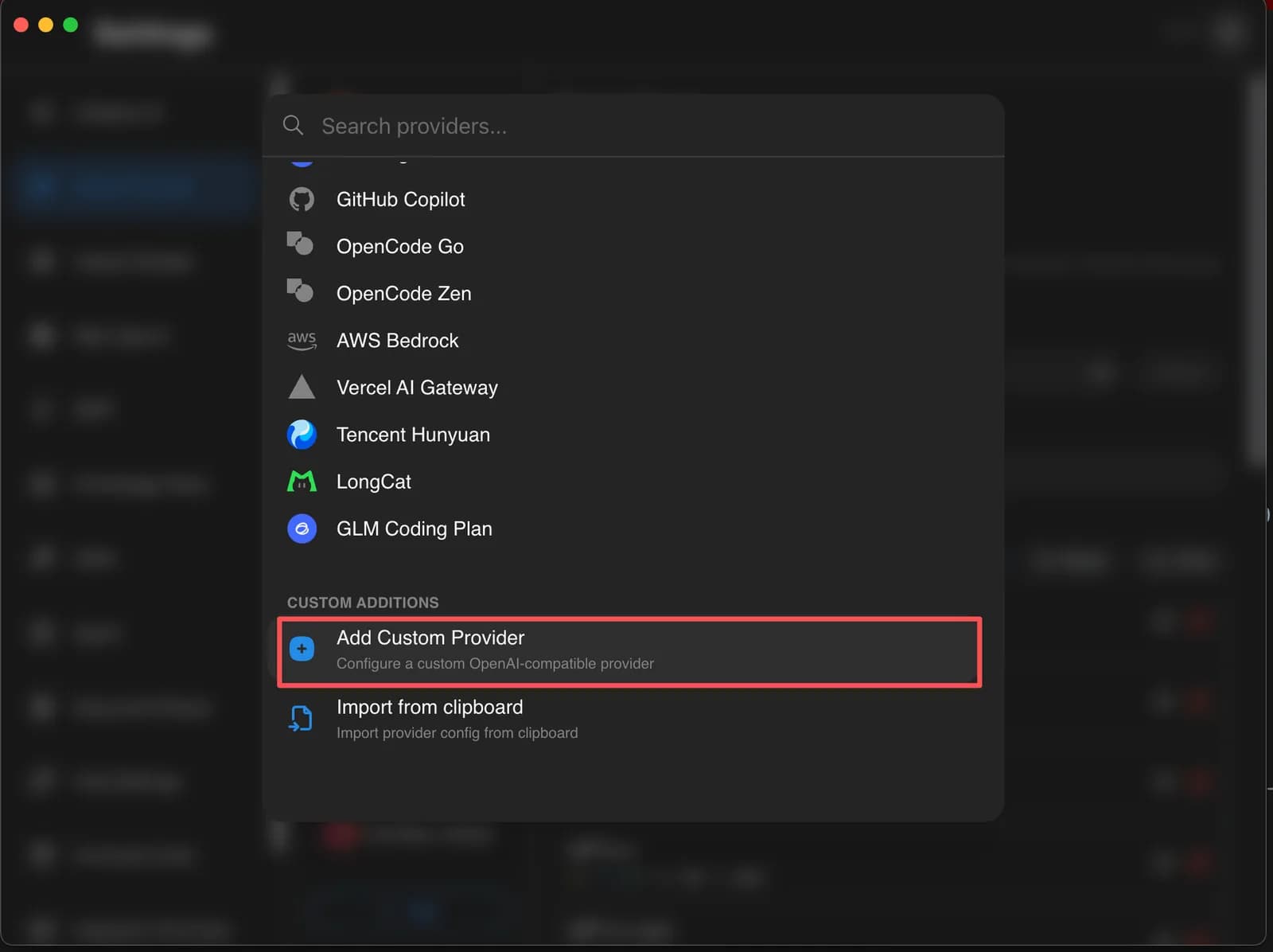 Provider selection dialog with the Add Custom Provider option highlighted in red at the bottom