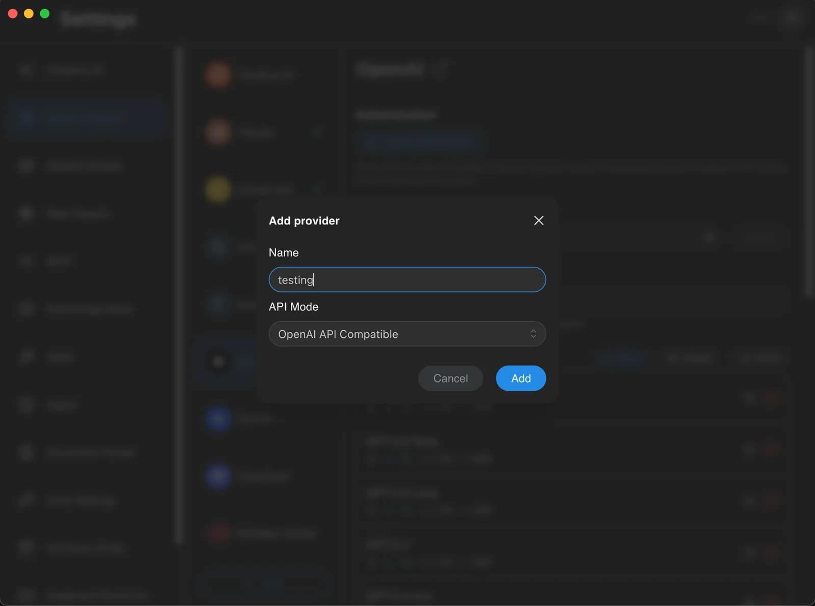 Add provider dialog with a name filled in and OpenAI API Compatible selected as the API mode