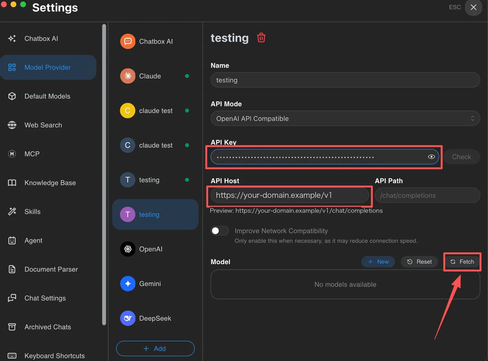 Provider config page with API Key and API Host filled in and the Fetch button highlighted with an arrow