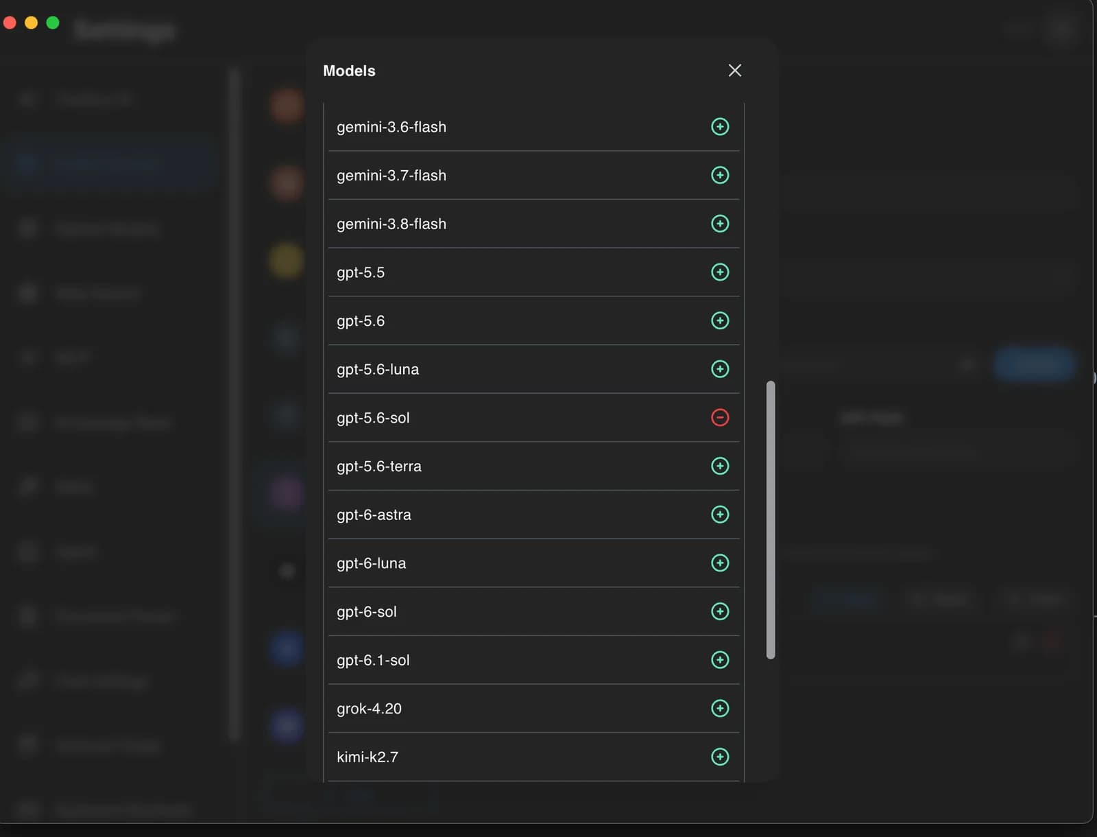 Models dialog showing gpt-5.6-sol and other models, with ⊕ buttons to add them