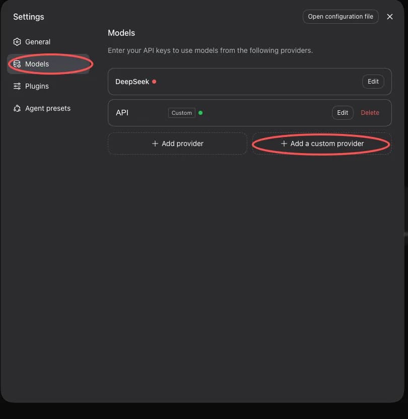 dsh's Models settings panel, with red circles around the Models nav item on the left and the "+ Add a custom provider" button, listing the built-in DeepSeek provider and an already-created API custom provider