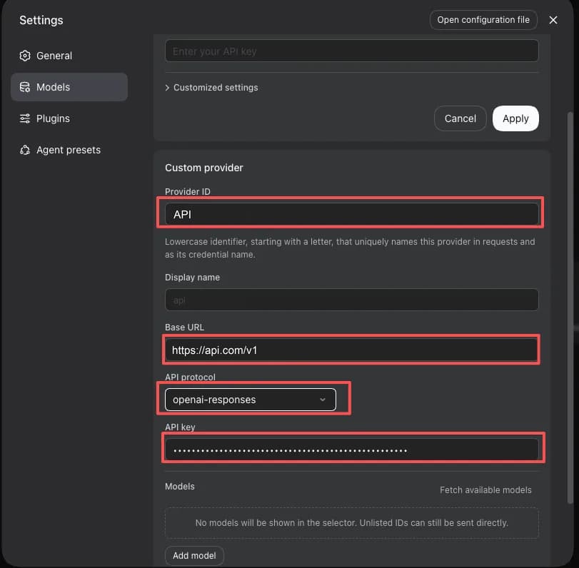 dsh's Custom provider form with red boxes around Provider ID set to api, Base URL https://api.com/v1, API protocol openai-responses, and the filled-in API key; the Models list below is empty and notes that unlisted IDs can still be sent directly