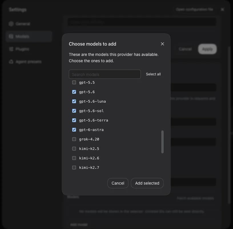 dsh's "Choose models to add" dialog listing %%BRAND%% models such as gpt-5.5, gpt-5.6, gpt-6-astra, grok-4.20, and kimi-k2.5, with the gpt-5.6 family and gpt-6-astra ticked, and Cancel and Add selected buttons at the bottom