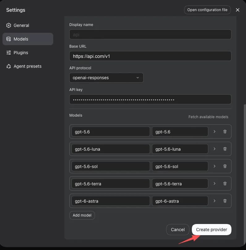 The lower half of dsh's custom provider form, showing gpt-5.6, gpt-5.6-luna, gpt-5.6-sol, gpt-5.6-terra, and gpt-6-astra in the Models list, with an arrow pointing at the Create provider button