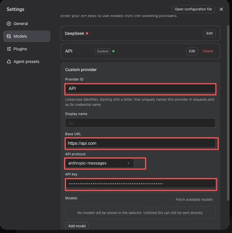 dsh's Custom provider form with red boxes around Provider ID set to api, Base URL https://api.com, API protocol anthropic-messages, and the filled-in API key; the API provider is already listed above