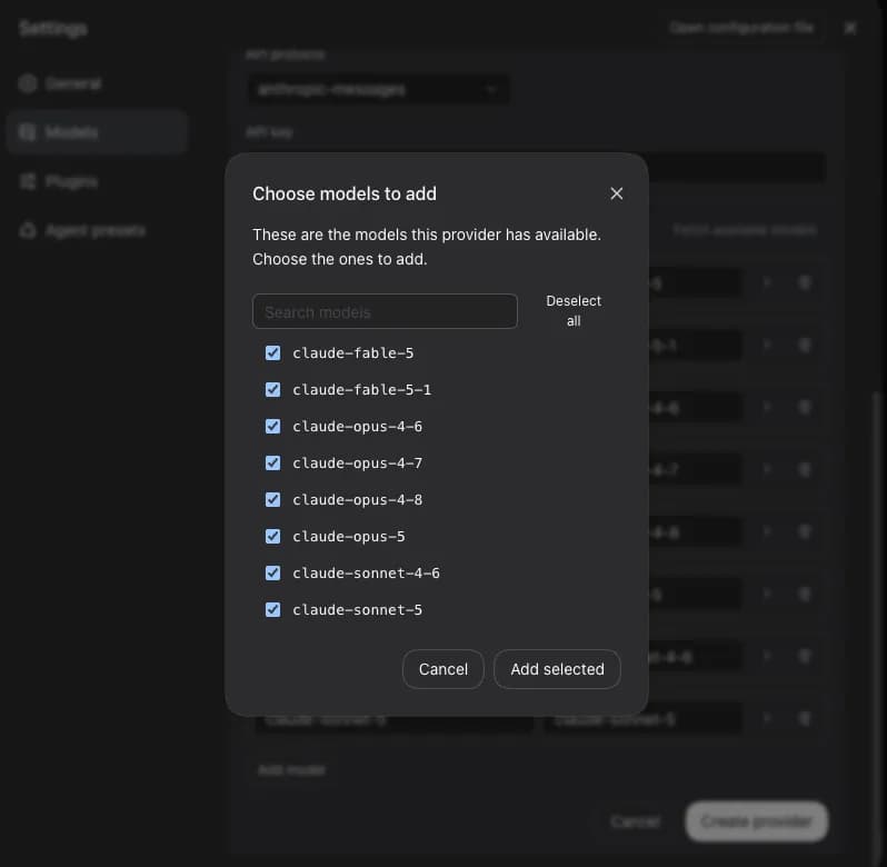 "Choose models to add" dialog listing claude-fable-5, claude-fable-5-1, claude-opus-4-6, claude-opus-4-7, claude-opus-4-8, claude-opus-5, claude-sonnet-4-6, and claude-sonnet-5, all ticked