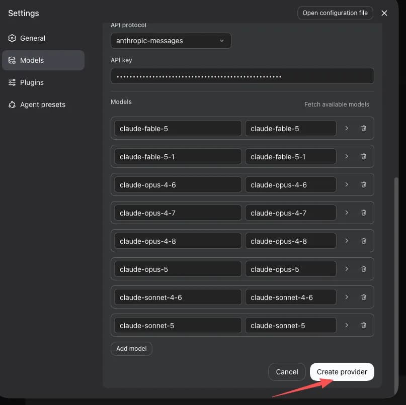 The lower half of dsh's custom provider form showing the eight Claude models in the list, with an arrow pointing at the Create provider button