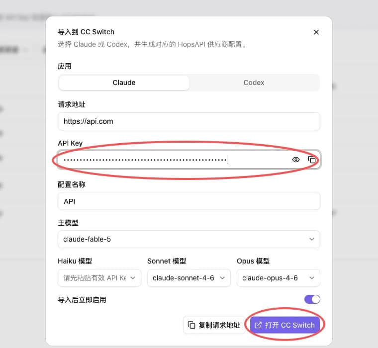 The console's "Import to CC Switch" dialog with Claude selected, a request URL of https://api.com, a red box around the API Key field where the key is pasted, and a red circle around the "Open CC Switch" button at the bottom right