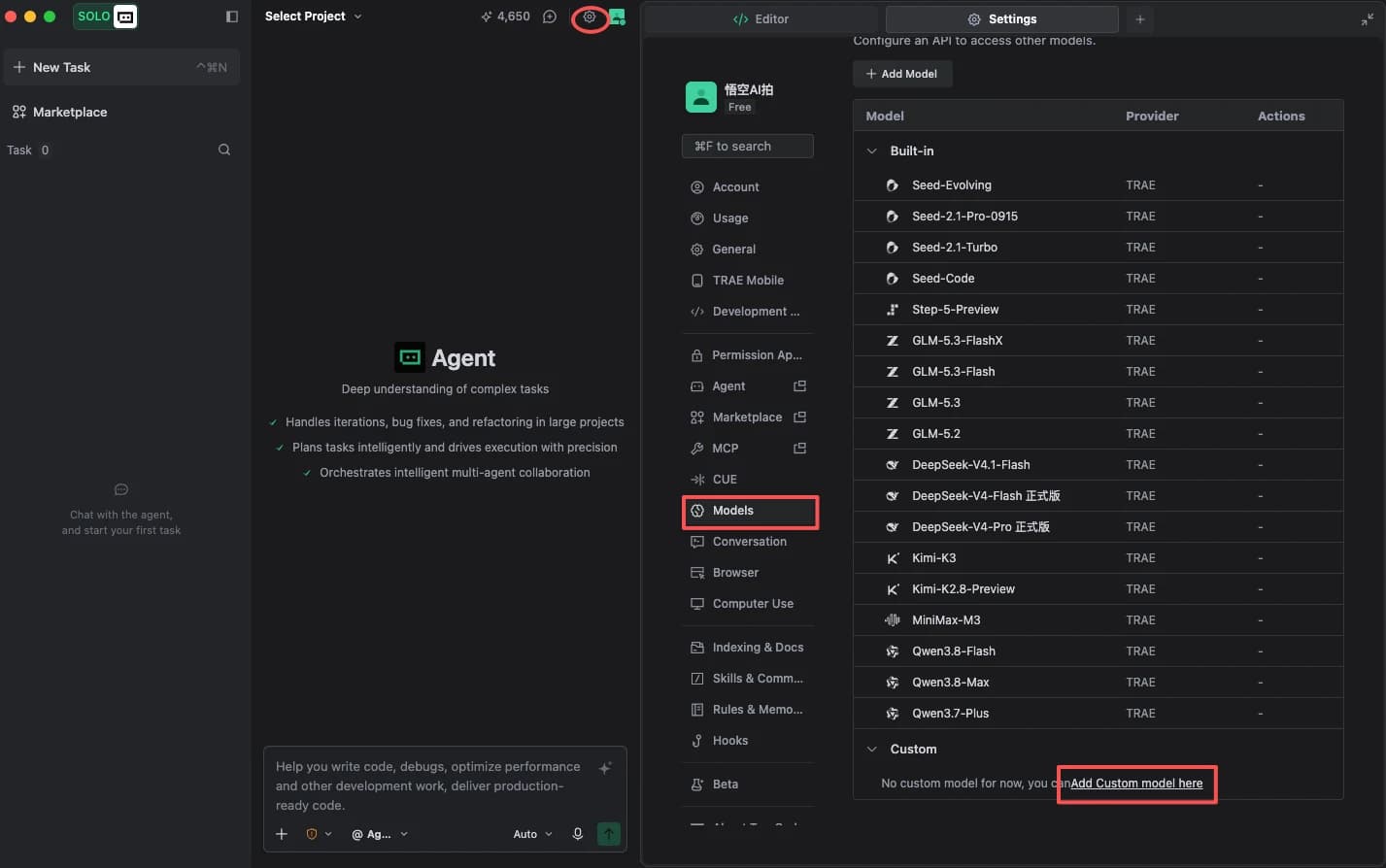 TraeWork workspace and settings page, with the top Settings button, Models item in the left navigation, and the add custom model entry highlighted