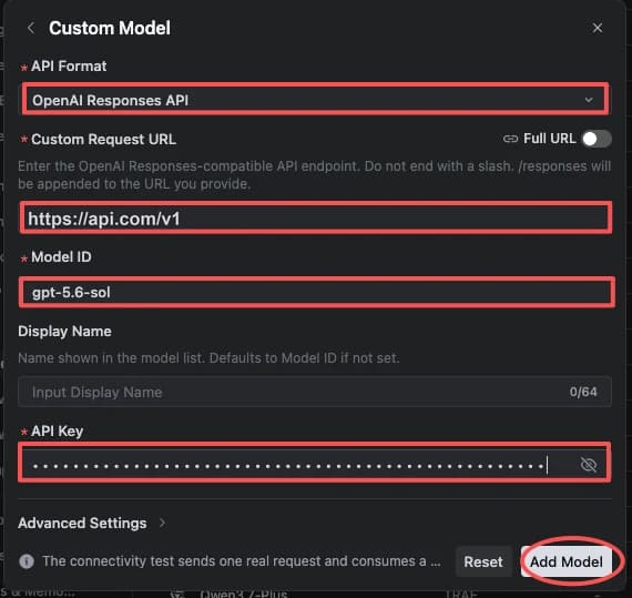 TraeWork Add custom model form with OpenAI Responses API selected, request URL set to https://api.com/v1, model ID gpt-5.6-sol, and a masked API key
