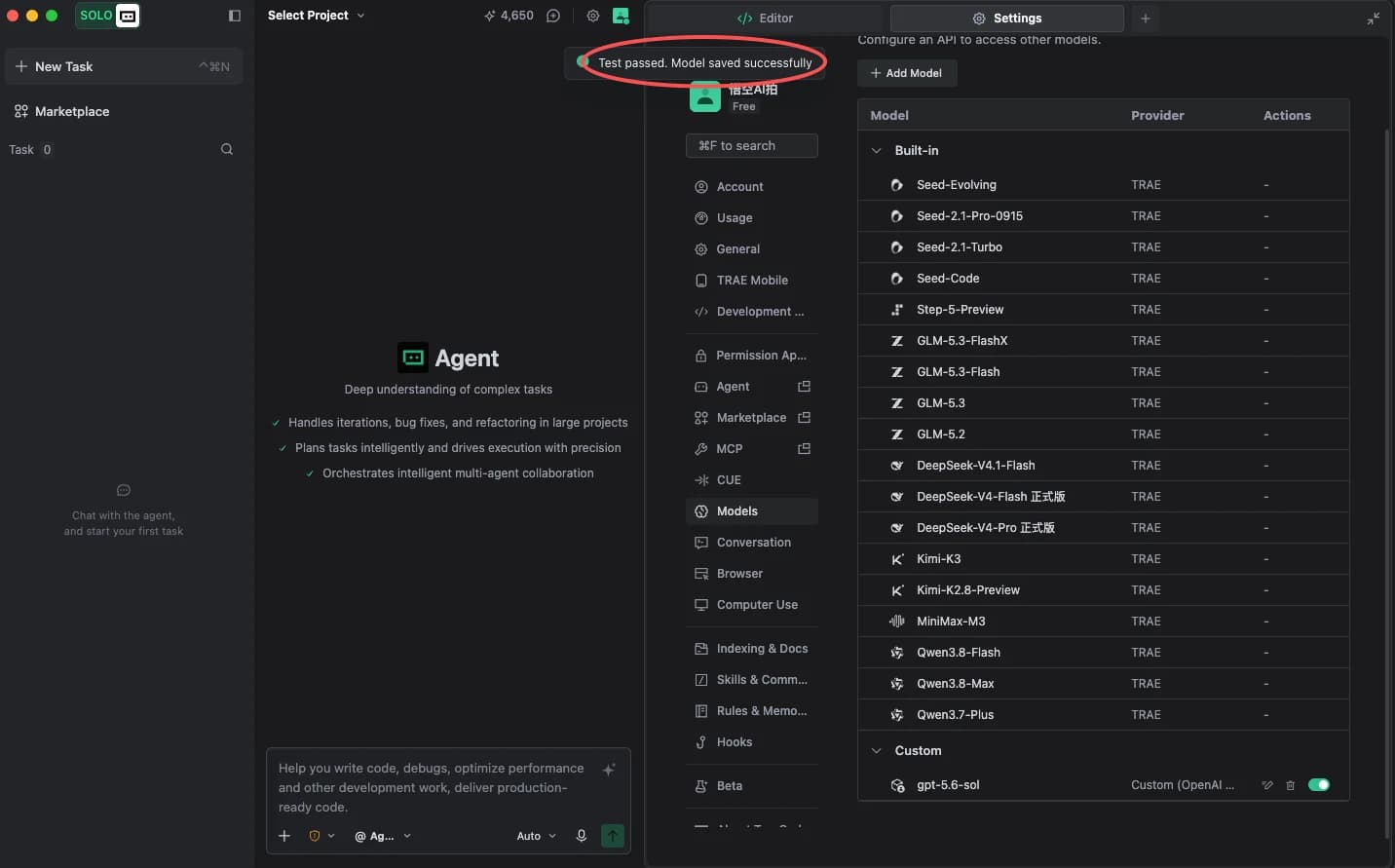 TraeWork settings page with a “Test passed, model saved” message and gpt-5.6-sol in the custom models list