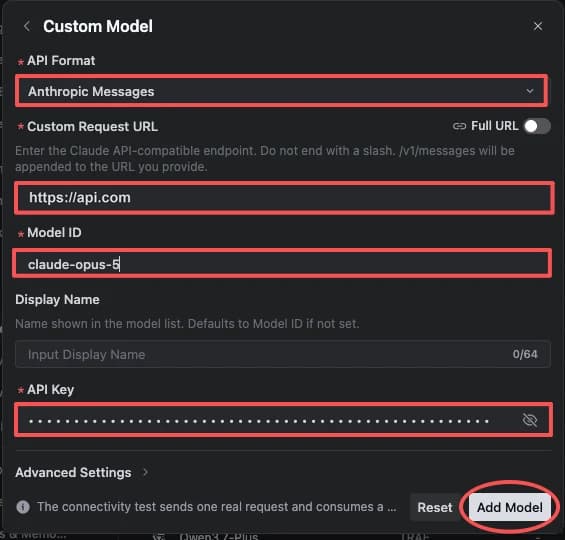 TraeWork Add custom model form with Anthropic Messages selected, the API host as the request URL, model ID claude-opus-5, and a masked API key