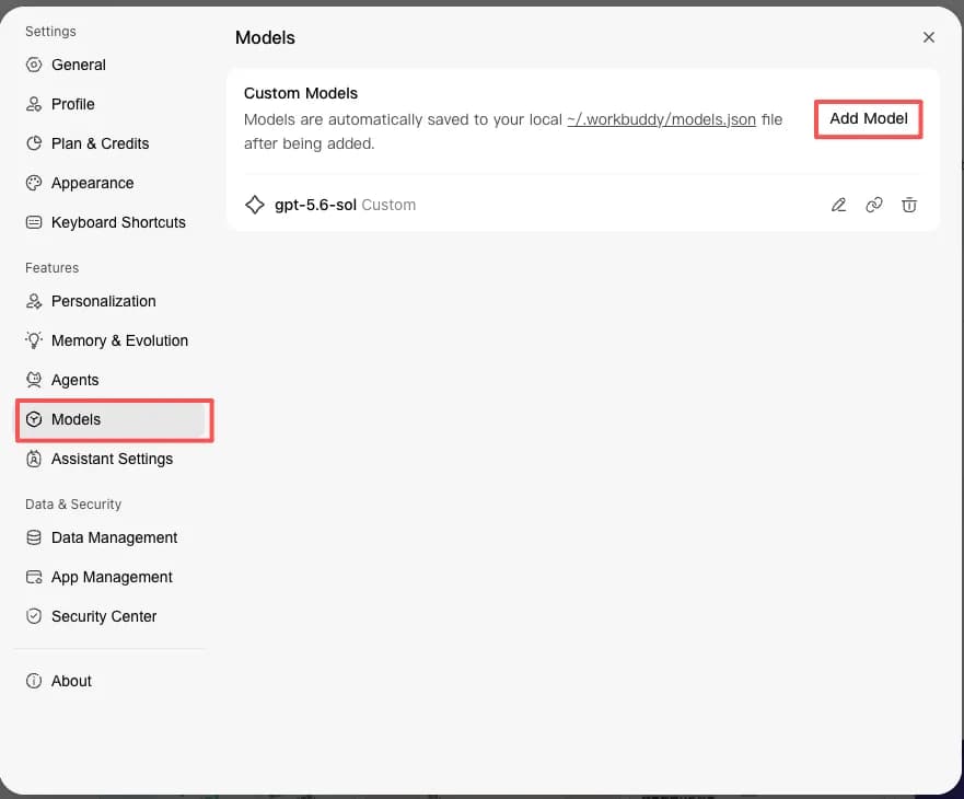 WorkBuddy's Models settings panel, with red boxes around the Models nav item on the left and the Add Model button at the top right; the panel lists custom models and notes that they are saved to the local ~/.workbuddy/models.json file