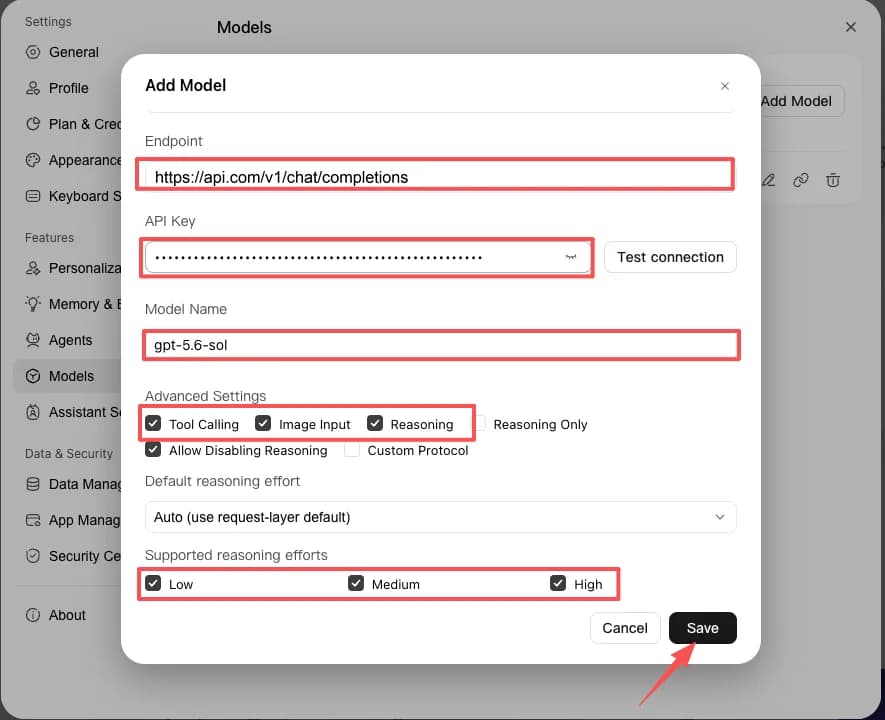 WorkBuddy's model configuration dialog, with red boxes around the endpoint https://api.com/v1/chat/completions, the filled-in API Key next to a Test connection button, the model name gpt-5.6-sol, the six advanced settings checkboxes, and the Low/Medium/High supported reasoning efforts, with an arrow pointing at Save in the lower right