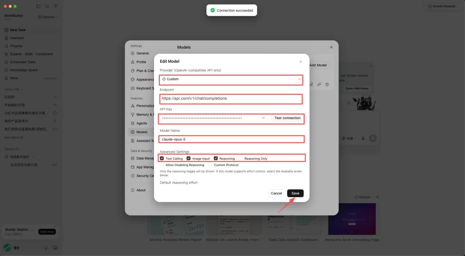 WorkBuddy's Edit Model dialog with Provider set to Custom, the endpoint https://api.com/v1/chat/completions, Model Name set to claude-opus-5, and Tool Calling, Image Input, Reasoning, and Allow Disabling Reasoning ticked, with a green "Connection succeeded" toast at the top of the window